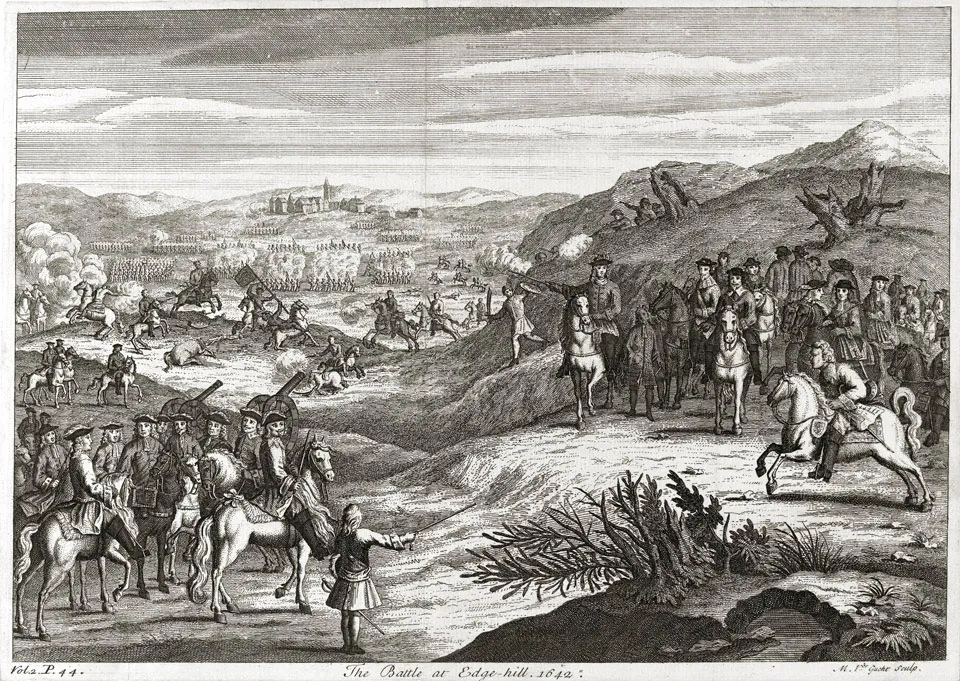 Engraving of the Battle of Edgehill, 1642: mounted officers watch infantry and cavalry clash in the valley below.