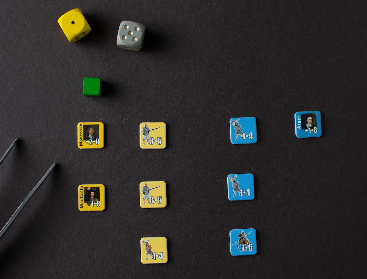 Game counters from Campaigns of Montrose, featuring Royalist and Covenanter units