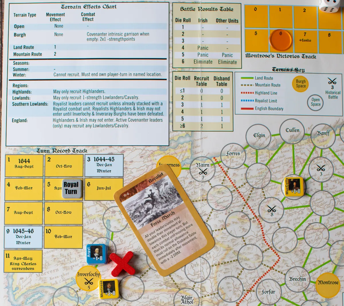 Close-up showing the small, Gothic-style font on the Scotland map and cards in Campaigns of Montrose